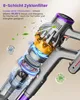 A close-up, angled view of a cordless vacuum cleaner, with a cutaway showing its internal filtering system. Green leaves and blue swirling air effects are used to illustrate the filtering process and clean air output. Produktbild-Vorschau