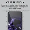A close-up of a smartphone screen with a purple crystal wallpaper, overlaid with a ruler graphic and text indicating 'CASE FRIENDLY'. Produktbild-Vorschau