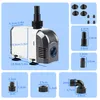 A diagram showing an aquarium pump with various accessories and their dimensions. Produktbild-Vorschau