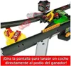 A toy car race track with multiple cars in motion and at rest, with promotional text at the bottom. Produktbild-Vorschau