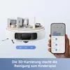 A 3D rendering of a robot vacuum cleaner with a cutaway showing interior rooms, next to a hand holding a smartphone displaying the robot's app interface. Produktbild-Vorschau