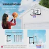A collage of images showing a woman holding a basketball, a basketball hoop mounted on a wall, and close-ups of mounting hardware and the hoop assembly. Produktbild-Vorschau