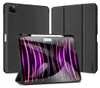 A black iPad case with a stylus holder is displayed in a studio setting, with multiple angles and views shown. Produktbild-Vorschau