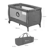 A travel crib and playpen with dimensions shown, and a folded travel bag below. Produktbild-Vorschau