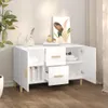 A white sideboard with wooden handles and legs, shown in a room with a plant and artwork. Produktbild-Vorschau