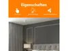 A smoke detector is mounted on a ceiling in a bedroom, with marketing text and icons above. Produktbild-Vorschau