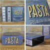 A collage of four images showing a blue tin storage container for pasta with a vintage Italian design. Voir les images du produit