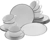 A collection of white porcelain dinnerware with black trim, including plates, cups, and saucers, arranged on a white background. Náhľad obrázku produktu