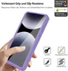 A hand holding a purple phone case with a phone inside, surrounded by marketing icons and text. Produktbild-Vorschau
