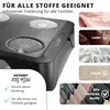 A close-up of a black HEYDRY device with multiple mesh vents, accompanied by images of different fabric types and descriptive text. Produktbild-Vorschau