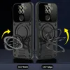 Two black phone cases are shown side-by-side against a dark background. Both cases have a camera module at the top and a circular ring holder at the bottom. Yellow arrows indicate the rotation and collapse features of the ring holder. Produktbild-Vorschau