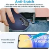 A hand places a dark blue smartphone into a denim pocket, with a graphic overlay showing a screen protector being applied to a phone screen. Produktbild-Vorschau