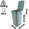 A green plastic waste bin with its lid open, showing dimensions and capacity. Náhled obrázku produktu