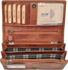 An open brown leather wallet showing multiple card slots and zippered compartments. Produktbild-Vorschau