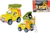 A collage of a toy fire truck with a tent and a figure, and its packaging. Produktbild-Vorschau