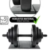 A pair of adjustable dumbbells on a mat, with marketing text and an icon. Produktbild-Vorschau