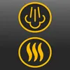 Two circular icons with yellow outlines and yellow line drawings on a dark gray background. The top icon depicts steam rising from a curved shape, resembling a nose and mouth. The bottom icon shows three wavy lines, representing heat or steam. Anteprima dell’immagine prodotto