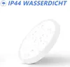 A white, round LED ceiling light with small bubbles or imperfections on its surface, set against a white background. Text indicating 'IP44 WASSERDICHT' is visible at the top. Produktbild-Vorschau