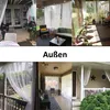 Collage of images showing outdoor living spaces with sheer white curtains, likely for privacy or insect protection. Voir les images du produit