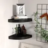 Two black corner shelves are mounted on a wall, one above the other. The top shelf holds a framed picture and two books. The bottom shelf displays three decorative bottles. A wire grid with greenery is visible on the right side of the image. Produktbild-Vorschau