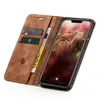 A brown leather flip case for a smartphone, open to reveal card slots and a phone screen. Produktbild-Vorschau