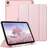 A pink iPad case with a transparent back and a tri-fold cover is displayed alongside an iPad showing a nature scene. Produktbild-Vorschau