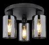 A close-up studio shot of a black ceiling light fixture with three glass shades and exposed Edison-style bulbs. Anteprima dell’immagine prodotto