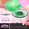 A pink and white cotton candy machine is shown, with green cotton candy being made. There are also some colorful candies and text overlays with product information. Produktbild-Vorschau