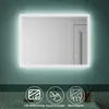 A lit LED bathroom mirror is shown with icons and text below describing its features.