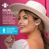 A woman wearing a white hat and a light-colored top is shown in profile, wearing a blue earbud. The background is pink, and there is text on the left side of the image describing the product's features. Anteprima dell’immagine prodotto