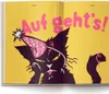 A cartoon illustration of a black cat wearing a party hat and glasses, with pink text on a yellow background. Produktbild-Vorschau