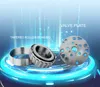 A marketing image showcasing mechanical components, specifically a tapered roller bearing and a valve plate, against a futuristic blue background with glowing lines and particles. Náhľad obrázku produktu