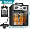A black electric heater with orange glowing heating elements and a fan, shown with dimensions and a smaller inset image of the product being held by a hand. Produktbild-Vorschau