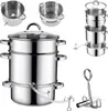 A collage of stainless steel kitchen appliances, including a large multi-tier steamer pot and smaller components. Produktbild-Vorschau