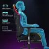 A diagram showing the ergonomic features of a gaming chair, with a translucent human skeleton superimposed to illustrate support points. Produktbild-Vorschau