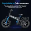 A dark background with a gray electric bicycle and marketing text. Produktbild-Vorschau