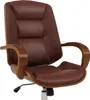 A close-up view of a brown leather office chair with wooden accents. Anteprima dell’immagine prodotto