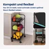 A narrow, three-tiered metal cart filled with various vegetables and fruits, placed next to kitchen cabinets. Inset images show a close-up of the cart's construction and a measurement indicating its width. Produktbild-Vorschau