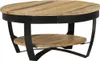 A round, two-tiered coffee table with a wooden top and shelf, supported by a black metal frame. Náhľad obrázku produktu