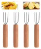 Four corn holders with wooden handles are arranged in a row, with images of corn and potatoes in the background. Produktbild-Vorschau