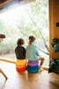 Two children sitting on rainbow-colored stacking stones, looking out a large window at trees. Voir les images du produit