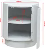 A white round side table with a door and two shelves, shown with dimensions indicated by red lines and text. Anteprima dell’immagine prodotto
