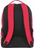 The back of a red backpack with black mesh padding and straps. Produktbild-Vorschau