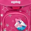A close-up view of a pink backpack with star patterns and a unicorn patch. Produktbild-Vorschau