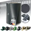 A large roll of dark gray PVC privacy screen is shown, with smaller rolls of different patterns and colors displayed at the bottom. Insets show a close-up of the material with water droplets and a bundle of clips. Produktbild-Vorschau
