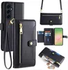 A collage of images showing a black leather wallet phone case with a wrist strap and a crossbody strap, as well as close-ups of its card slots and zippered pocket. Produktbild-Vorschau