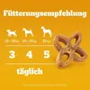 A marketing image showing feeding recommendations for dog food, with illustrations of dogs of different sizes and corresponding numbers of food pieces. Produktbild-Vorschau