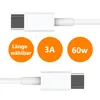 A white USB-C cable with two connectors shown, along with three orange circles containing text. Produktbild-Vorschau