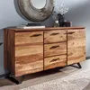 A wooden sideboard with drawers and doors, set against a gray wall and on a rug. Produktbild-Vorschau