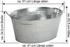 A silver metal tub with dimensions indicated by text and arrows. Voir les images du produit